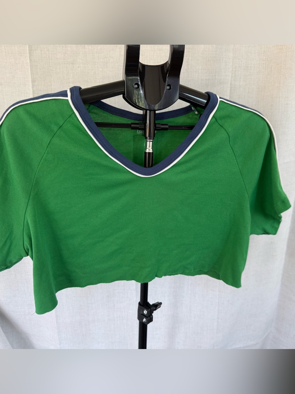 FP Movement by Free People Green Cropped V-Neck Top with Navy & White Trim